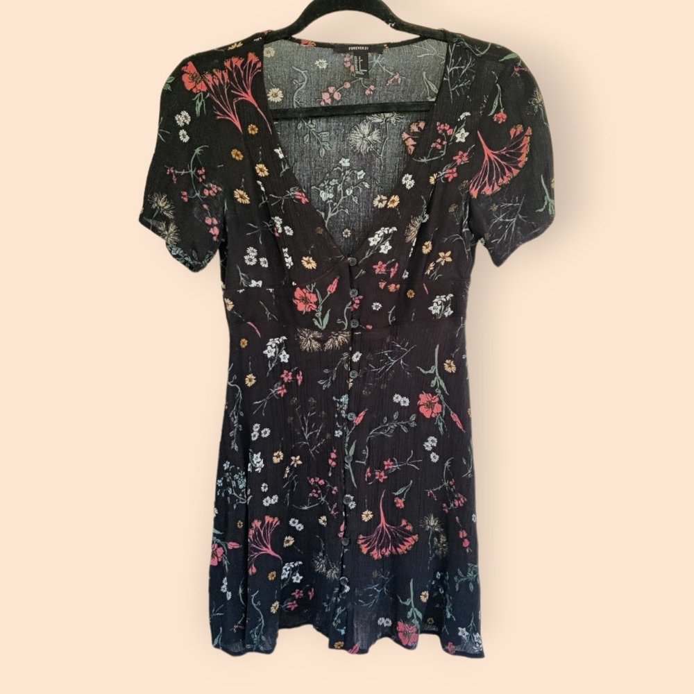 Forever 21 sz S Black Floral V Neck Mini Dress Cottagecore Red Twee Indie Grunge